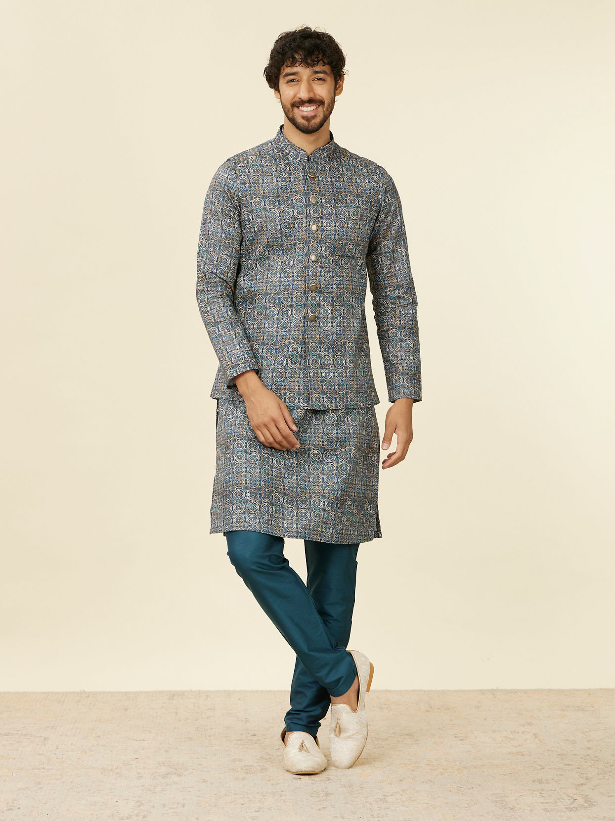 alt message - Manyavar Men Dark Blue Self Patterned Nehru Jacket image number 2